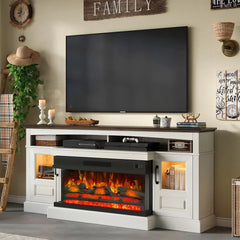 Fireplace TV Stand for TVs Up to 80 inch,70" with 36 inch 3-Sided Electric Fireplace,20 Flame Colors,Open Storage and 2 Cabinets