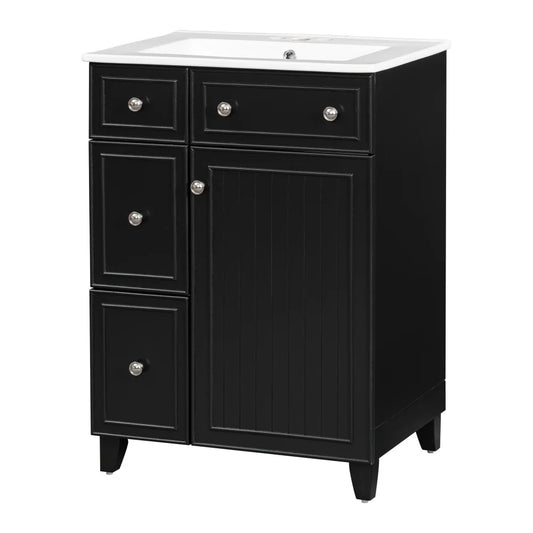 24-Inch Bathroom Vanity Cabinet with Ceramic Sink, 2 Drawers, 1 Door