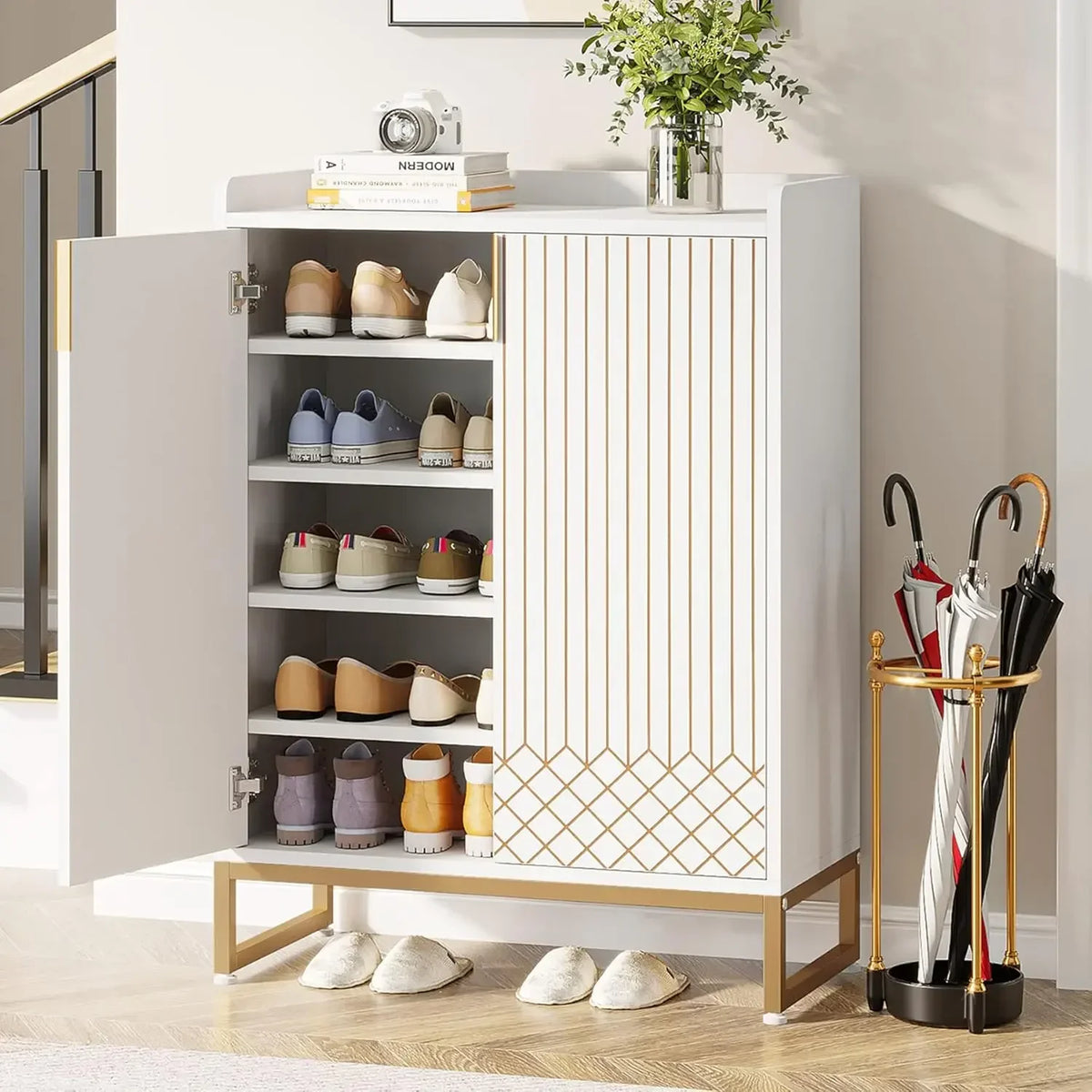 25 Pair Shoe Cabinets with Doors Cabinet, Freestanding Wood Storage Cabinet with Gold Metal Frame, 5-Tier Shoe Rack Organizer