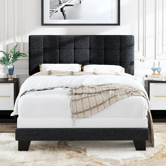 Queen Size Panel Bed Frame with Adjustable Headboard for High Profile/Fabric Upholstered/Square Stitched Padded Headboard