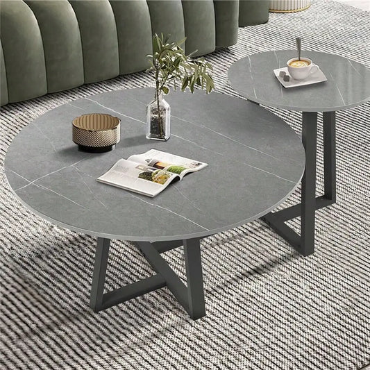 2x Modern Nesting Coffee Table fr Living Room Round Marble Top Carbon Steel Base