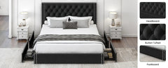 Queen Size Upholstered Bed Frame with Storage Velvet Platform Tufted Bed Frame with 4 Drawers and Headboard,  Black Bed