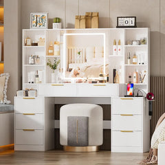 Large Makeup Vanity Desk with Lighted Mirror & Power Outlet,Dresser Table with 3 Lighting Modes Brightness Adjustable,Drawers