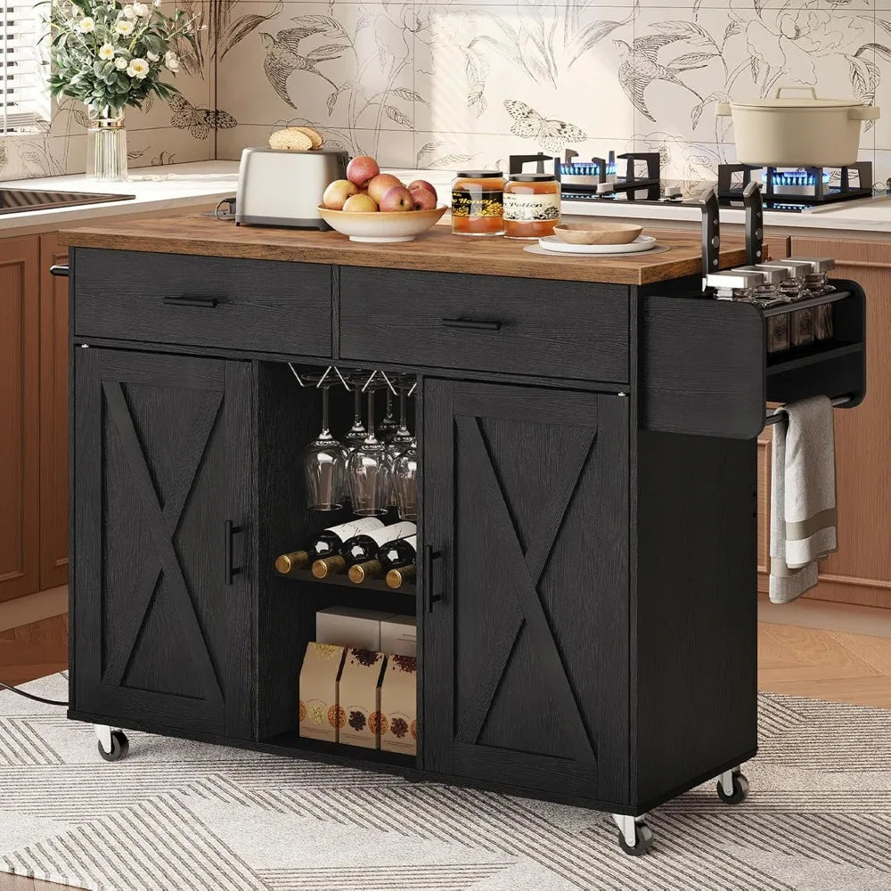 Kitchen Island with Storage, Rolling Kitchen Island Cart on Wheels, Kitchen Island Table with Charging Station, 2 Drawers