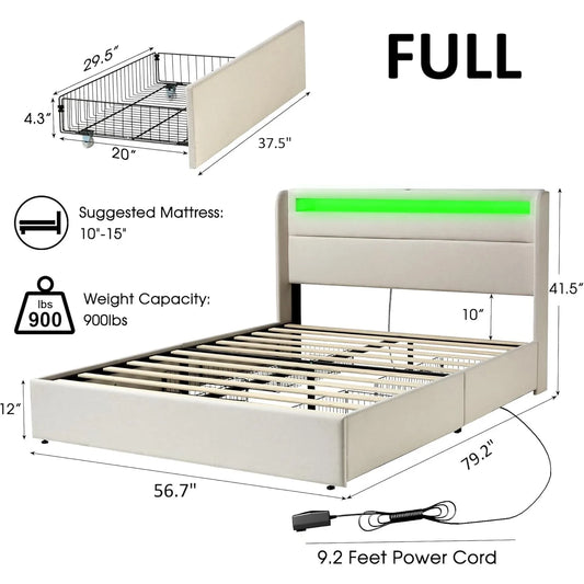 Full Bed Frame with RGBW LED Lights Headboard & 4 Storage Drawers, Upholstered Smart Platform Bed with USB & USB-C Ports