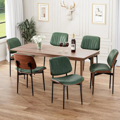 Dining Chairs Set of 8 Mid-Century Modern Upholstered PU Leather Chairs with Walnut Bentwood Back Dark Green Shell Strips