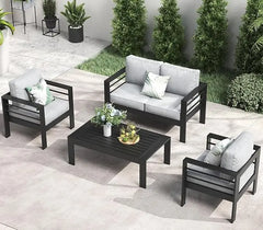 QLayinSun Aluminum Furniture with Fire Pit Table, 5 Pieces Patio Sectional Conversation Chat Sofa Modern Seating Set