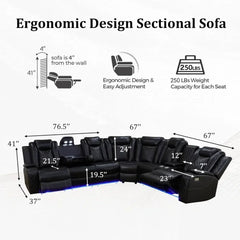 recliner，Leather Power Recliner Sectional Sofa with LED, Power Reclining Sectional Couch, Breathing Leather Sofa Couch