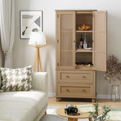 Kitchen Pantry Storage Cabinet, Tall Cabinet with Rattan Doors and 2 Drawers, Freestanding Cupboard with Adjustable Shelvesl