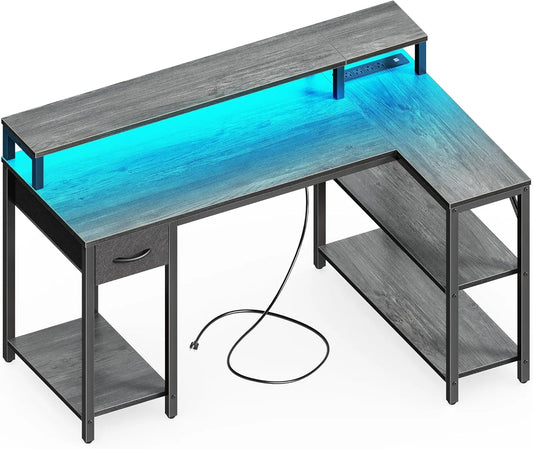 47 inch Reversible L Shaped Desk with LED Lights & Power Outlets, Computer Desk with Shelves & Monitor Stand, Gaming D