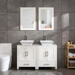 Double Sink White Bathroom Vanity Cabinet Solid Wood Marble Top Mirror Faucet&Drain Set White sink