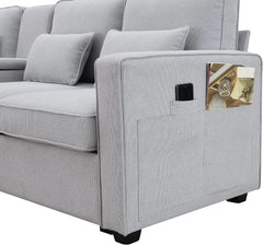 Linen Fabric Sofa with Armrest Pockets and 4 Pillows, Minimalist Style 4-Seater Couch for Living Room, Apartment