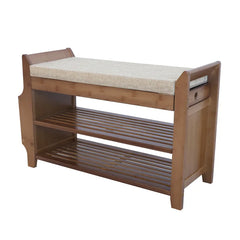 2-Tier Bamboo Shoe Bench w/ Seat Removable Cushion Entryway Shoe Organizer Shelf w/ Drawer