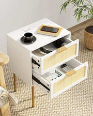 Rattan Nightstand with Charging Station, 2 Drawer Dresser for Bedroom, Small Bedside Table with 2 Drawers, Night Stand,