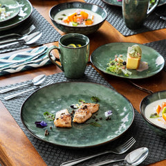 12 Pieces Green Dinnerware Set, Reactive Change Glaze Dinner Set, Plates and Bowls Set