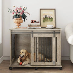 Dog Crate, End Table with Wheels and Flip Top Plate Dog House with Detachable Divider and Sliding Barn Door, Dog Crate