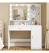 65.9'' Vanity Desk with LED Lighted Mirror;Power Outlet,Modern Corner Makeup Vanity Table 8 Drawers; Open Shelve, Dressing Table