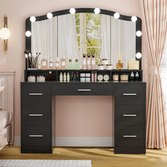 43.3" Vanity Desk with Large Lighted Mirror, 7 Drawers & 10 Lights Bulbs, 3 Lighting Colors, Vanity Table for Women Girls