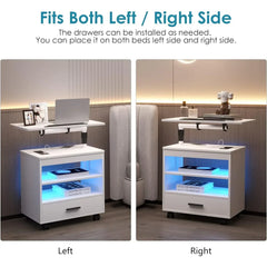 LED Nightstand w/ Charging Station & Sockets, Modern Bedside Table, Large Side End Table, Laptop Tray Workstation, Movable Wheel