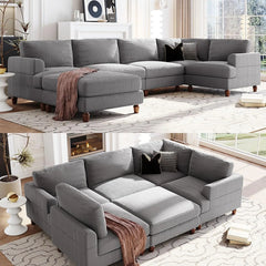 L/U 6 Seaters Free Combined Corner Sofa&Couch Convertible Spacious Sleeper Sofabed for Living Room with Movable Ottoman