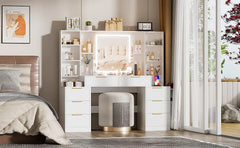 Large Makeup Vanity Desk with Lighted Mirror & Power Outlet,Vanity Desk Dresser Table with 3 Lighting Modes Brightness