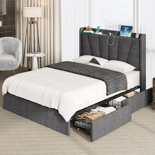 Bed Frame with Upholstered Headboard, Platform Bed with Storage Drawers and Outlets, Sturdy, Noiseless, No Box Spring Needed