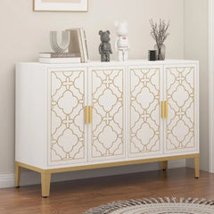 48" Sideboard Buffet Cabinet with Storage, White & Gold Floral Accent Storage Cabinet with 4 Doors, Credenza for Living Room