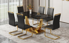 63” Dining Room Table Set for 6,Modern Gold Dining Table Set for 6, Rectangle kitchen Table Set With PU Leather Chairs,Black