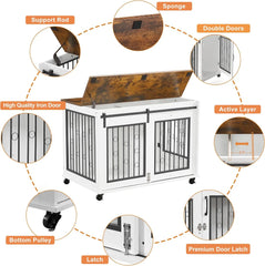 Dog Crate, End Table with Wheels and Flip Top Plate Dog House with Detachable Divider and Sliding Barn Door, Dog Crate