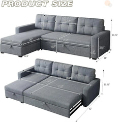 L-Shape Upholstered Sectional Sofa with Storage Chaise & Pull,Convertible Couch W/ 3 Back Cushions,Reversible Sleeper