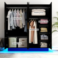 Modern 70in 4 Doors Armoires Wardrobe Closet with Hanging Rod, Freestanding Bedroom Armoires with RGB Lights, Black