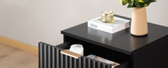 Black Night Stand Set 2, Wide Fluted Nightstand with 2 Drawers, Modern Glossy Storage Bedside Table for Bedroom, End Sid