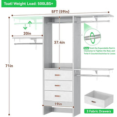 5FT Small Closet System with 3 Fabric Drawers, 60 Inches Walk In Closet Organizer System With 3 Adjustable Shelves, Hea