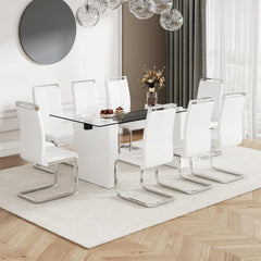 Dining Table Set for 8, 71 in Glass Dining Table Set with MDF Frame & Leather Ergonomic Chairs, Dining Table Set, 9 Pcs