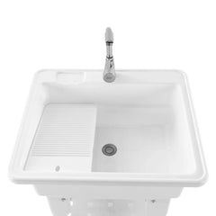 Freestanding Utility Sink w/ Washboard Floor Mount Hot + Cold Faucet Kit White Durable Laundry Sink Wash Bowl Basin Faucet Drain