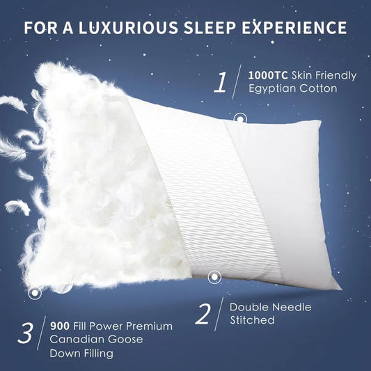 Canadian White Goose Down Pillow - 900+ Fill Power, Soft Down Pillow for Sleeping, Fluffy Queen Pillow for Neck Pain Relief