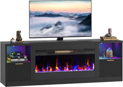 70” Fireplace TV Stand for TVs Up to 80", Modern Entertainment Center with 36" Electric Fireplace & LED Lights, Fluted Media