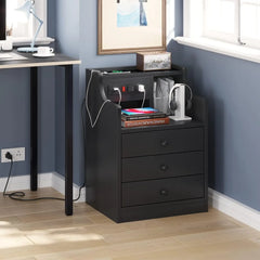 Nightstand with Charging Station,Black Night Stand for Bedroom,End Table with Hutch & Storage Drawers NEW USA