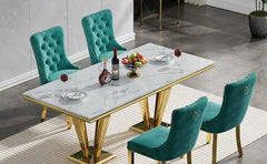 70 Inch Luxury Marble Dining Table Set, Modern Imitation Marble Dining Table, Equipped with 6 Sets of White Velvet Dining Chairs