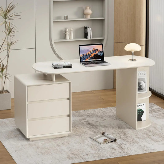 55inch Computer Desk with Drawers and Storage Shelves for Home Office, Modern Simple Style Writing Desk