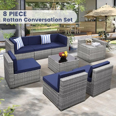 8PCS Outdoor Wicker Rattan Patio Furniture Sectional Set with Hidden Storage 7 Sofa Sections Oversized Cushions