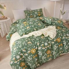 Duvet Cover Queen 100% Cotton, Green Garden Flower Pattern Bedding Duvet Cover Set Full Queen with Pillowcases Durable Zipper