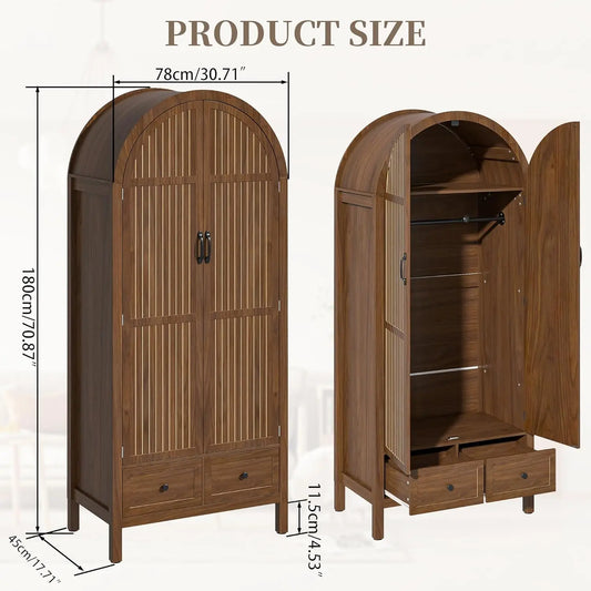 Armoire Wardrobe Closet with 2 Arched Fluted Doors, Armorie Wardrobe Closet with Drawers, Wooden Wardrobe Cabinet with Shelves