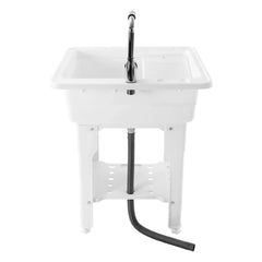 Freestanding Utility Sink w/ Washboard Floor Mount Hot + Cold Faucet Kit White Durable Laundry Sink Wash Bowl Basin Faucet Drain