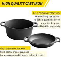 Cast Iron Dutch Oven Pot with Skillet Lid Cooking Pan, Cast Iron Skillet Cookware Pan Set with Dual Handles Indoor Outdoor