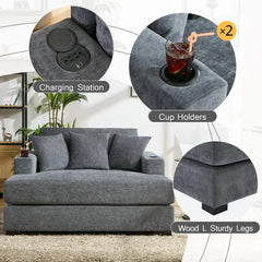 Indoor Oversized Chaise Lounger, Chenille Fabric Sleeper Sofa Couch with Pillows, Charge Station & Cup Holders