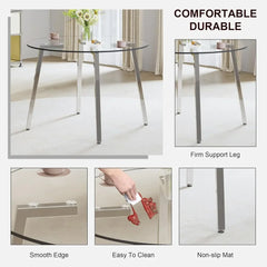 Dining Table, Round Glass, Tempered Glass Top and 4 Chairs with Seat and Sturdy Chrome Legs, 5-Piece Dining Table Set