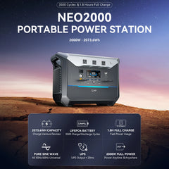 DaranEner NEO2000 Portable Power Station 2000W 2073.6Wh Capacity LiFePO4 Battery Emergency Mobile Solar Powered Generator for Ho