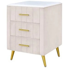 Nightstand with Drawers Set of 2, Upholstered Wood Bedside End Table with Marbling Top, 2 Pack, Beige and Beige