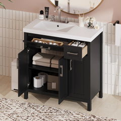 36" Black Bathroom Vanity Cabinet with Resin Integrated Sink - 2 Drawers, 3 Doors